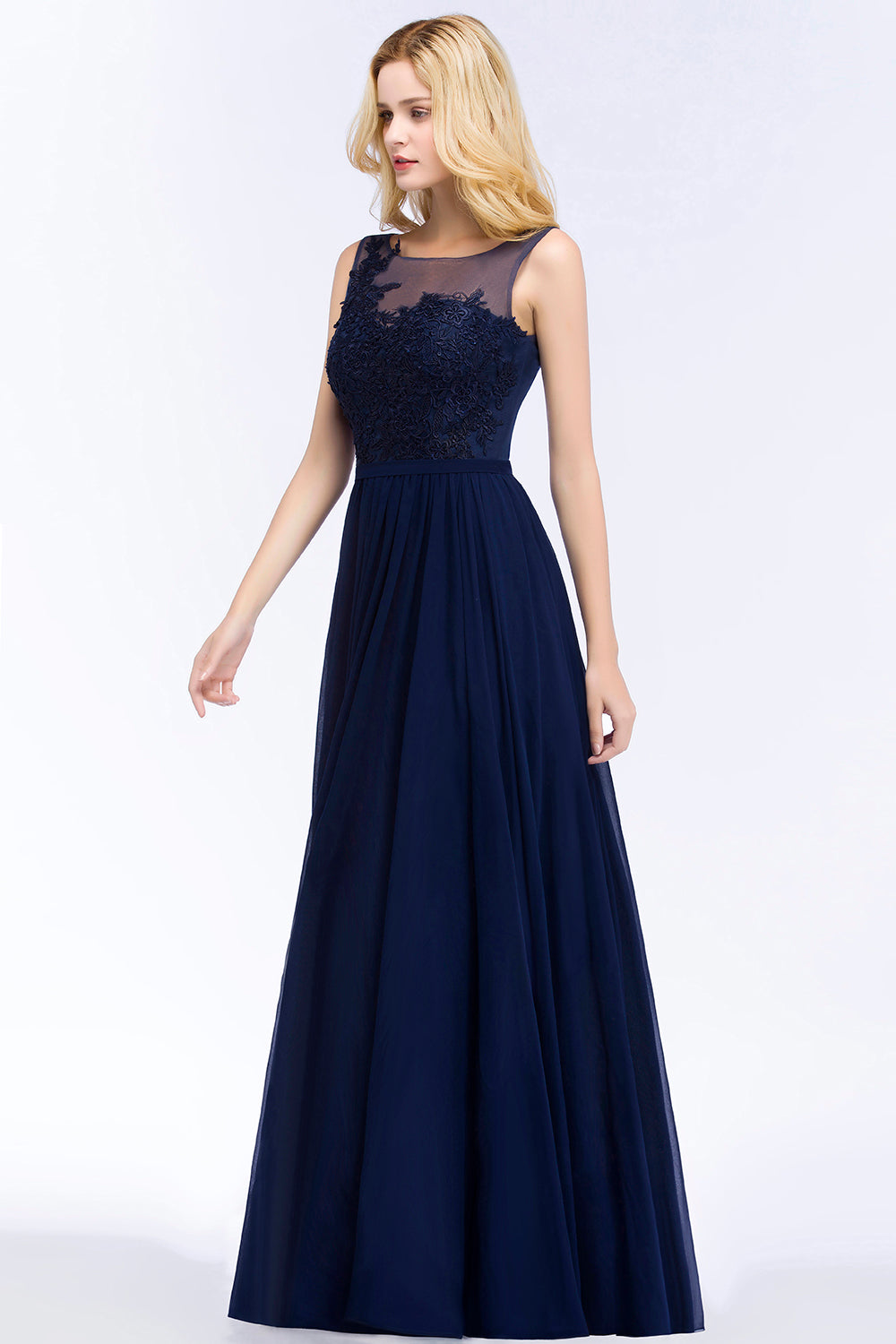 A-line Chiffon Appliques Scoop Sleeveless Floor Length Bridesmaid Dresses