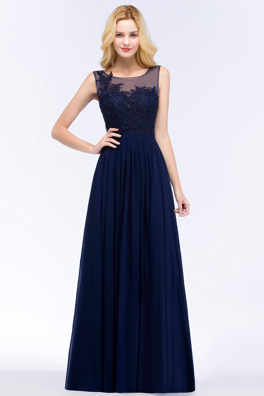 A-line Chiffon Appliques Scoop Sleeveless Floor Length Bridesmaid Dresses