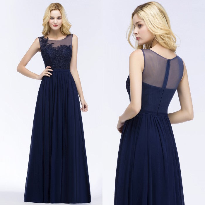 A-line Chiffon Appliques Scoop Sleeveless Floor Length Bridesmaid Dresses