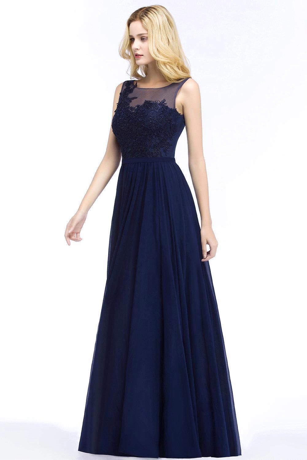 A-line Chiffon Appliques Scoop Sleeveless Floor Length Bridesmaid Dresses
