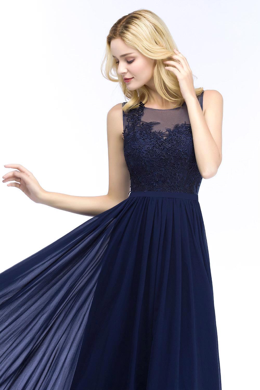 A-line Chiffon Appliques Scoop Sleeveless Floor Length Bridesmaid Dresses