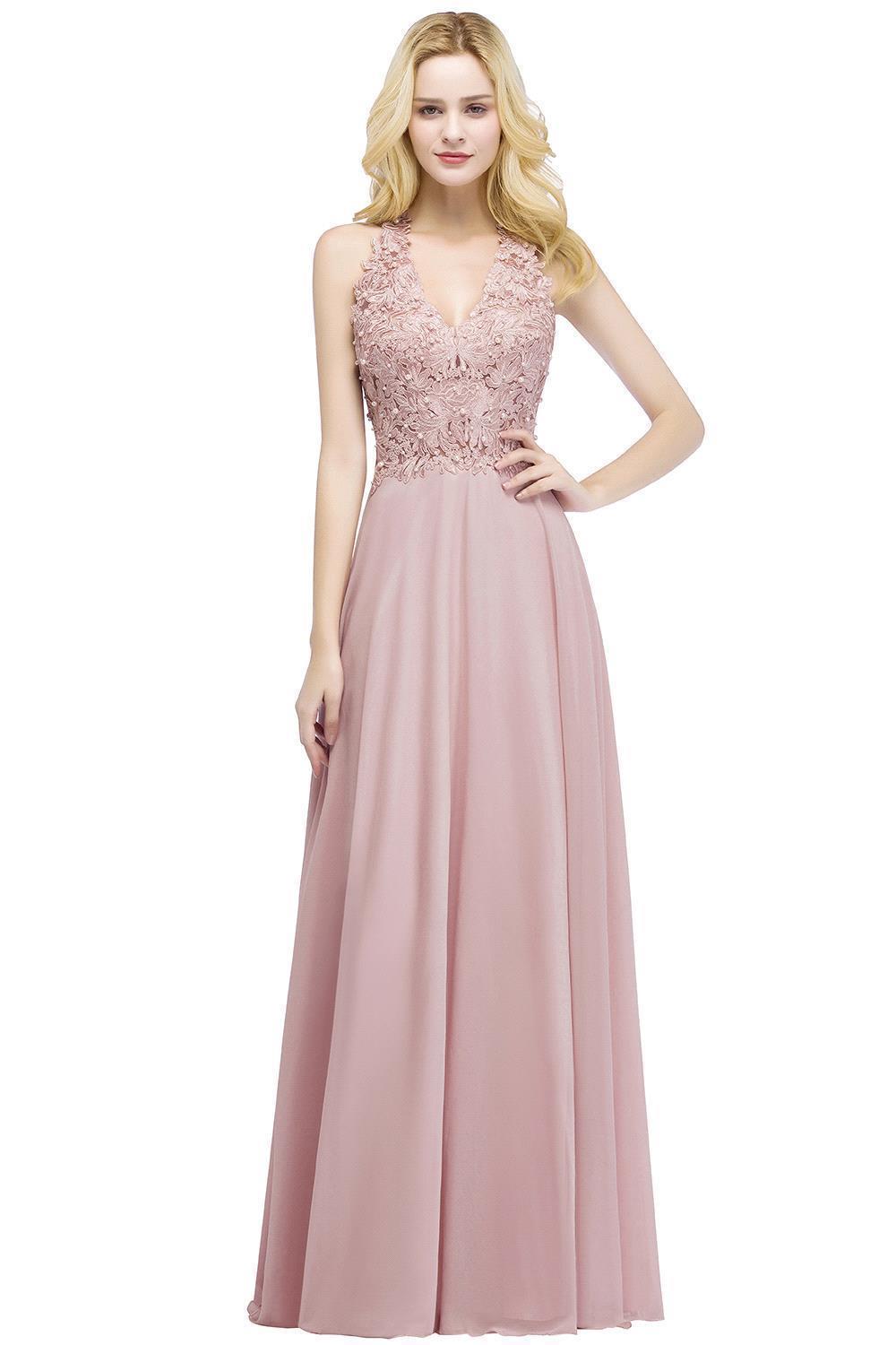 A-line Chiffon Appliques V-neck Sleeveless Floor Length Bridesmaid Dresses with Pearls