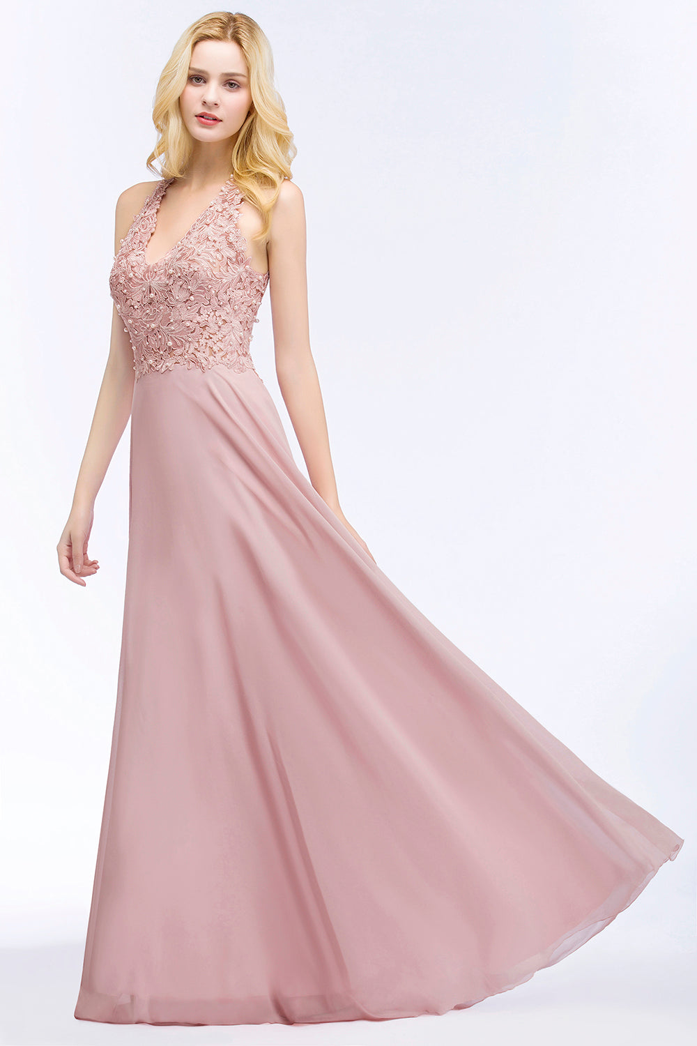 A-line Chiffon Appliques V-neck Sleeveless Floor Length Bridesmaid Dresses with Pearls