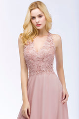 A-line Chiffon Appliques V-neck Sleeveless Floor Length Bridesmaid Dresses with Pearls