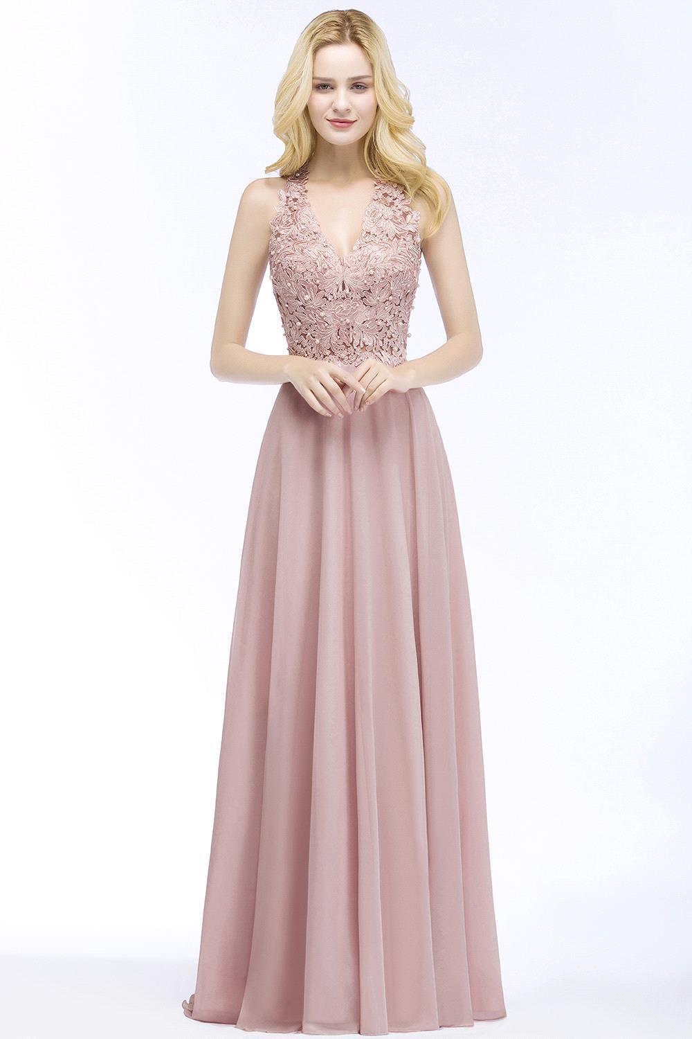A-line Chiffon Appliques V-neck Sleeveless Floor Length Bridesmaid Dresses with Pearls