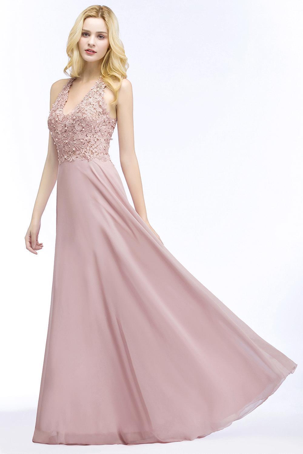 A-line Chiffon Appliques V-neck Sleeveless Floor Length Bridesmaid Dresses with Pearls