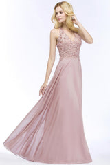 A-line Chiffon Appliques V-neck Sleeveless Floor Length Bridesmaid Dresses with Pearls