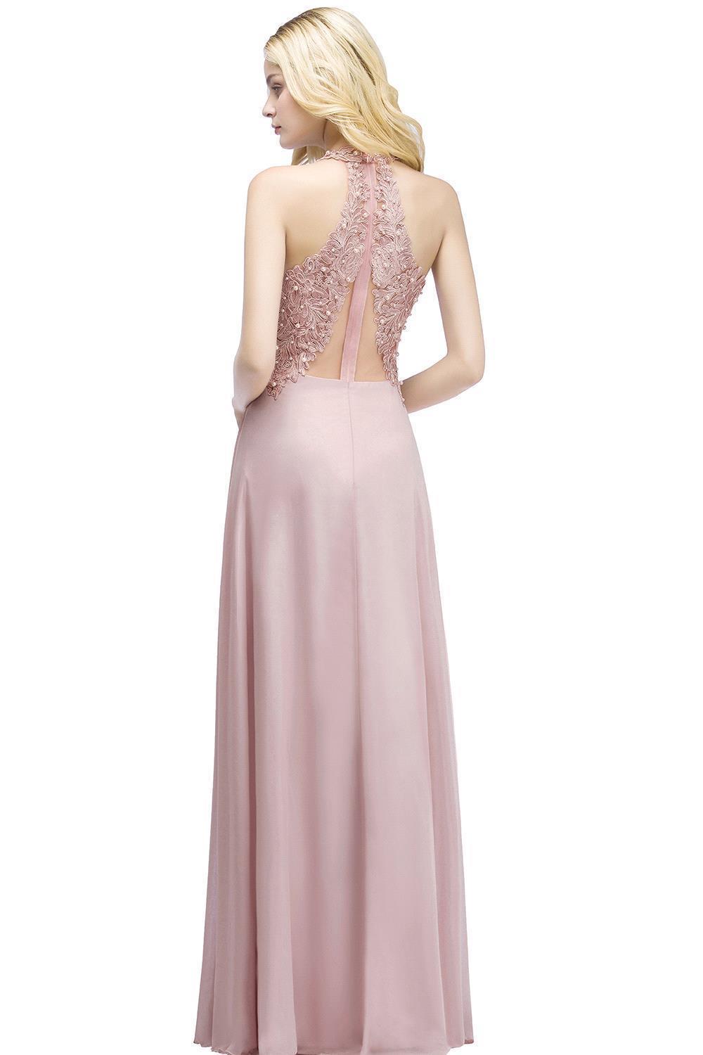 A-line Chiffon Appliques V-neck Sleeveless Floor Length Bridesmaid Dresses with Pearls