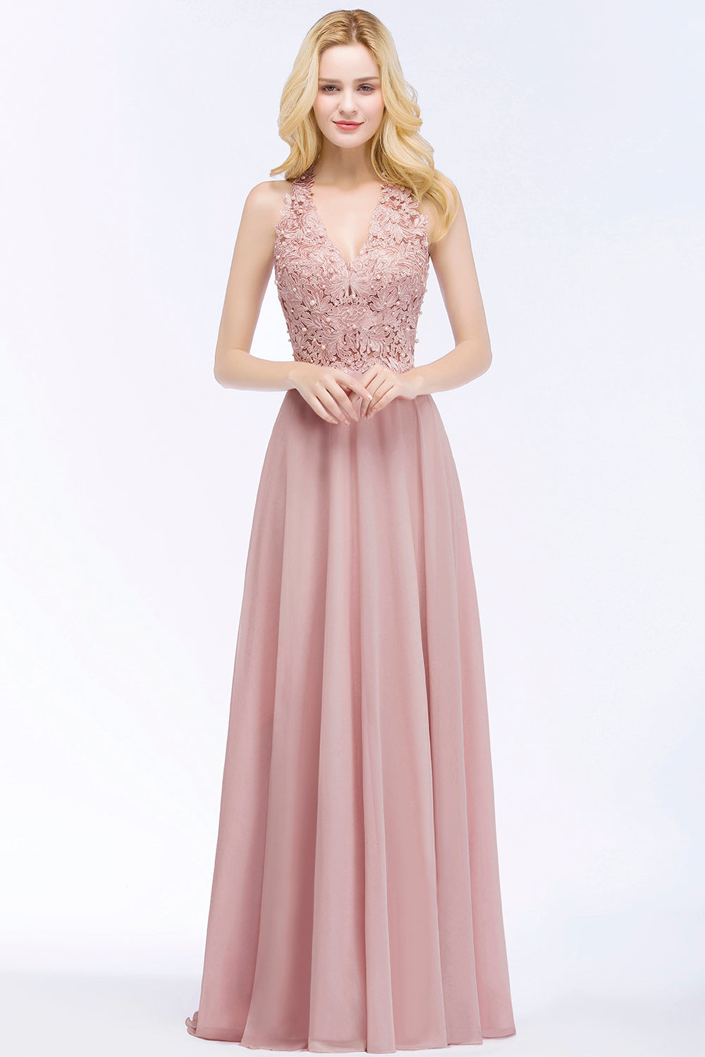 A-line Chiffon Appliques V-neck Sleeveless Floor Length Bridesmaid Dresses with Pearls