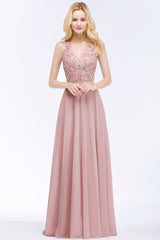 A-line Chiffon Appliques V-neck Sleeveless Floor Length Bridesmaid Dresses with Pearls