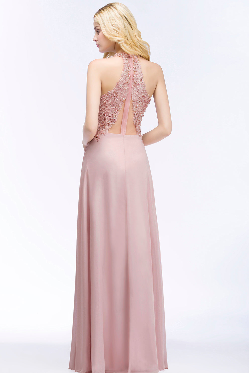 A-line Chiffon Appliques V-neck Sleeveless Floor Length Bridesmaid Dresses with Pearls