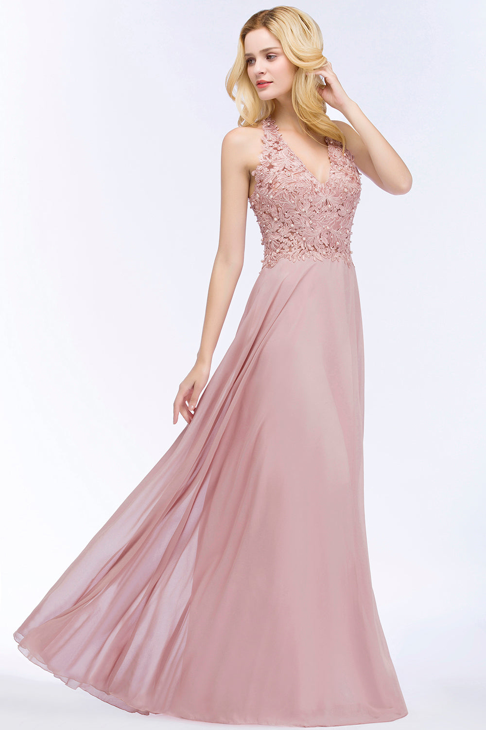 A-line Chiffon Appliques V-neck Sleeveless Floor Length Bridesmaid Dresses with Pearls