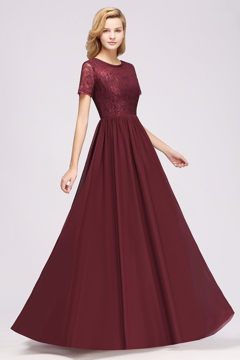 A-line Chiffon Lace Jewel Short Sleeves Floor Length Bridesmaid Dress