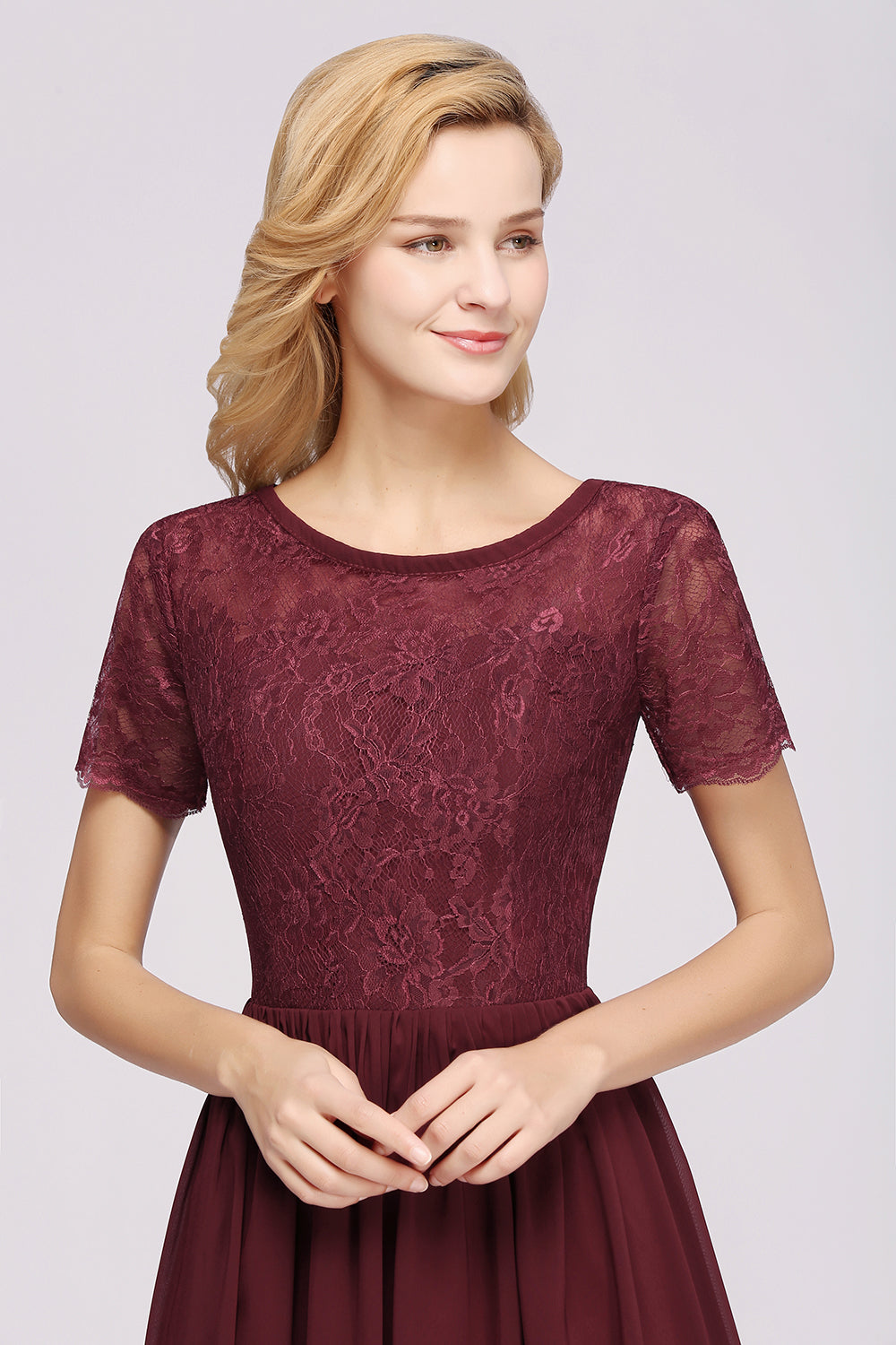A-line Chiffon Lace Jewel Short Sleeves Floor Length Bridesmaid Dress