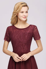 A-line Chiffon Lace Jewel Short Sleeves Floor Length Bridesmaid Dress