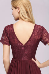 A-line Chiffon Lace Jewel Short Sleeves Floor Length Bridesmaid Dress