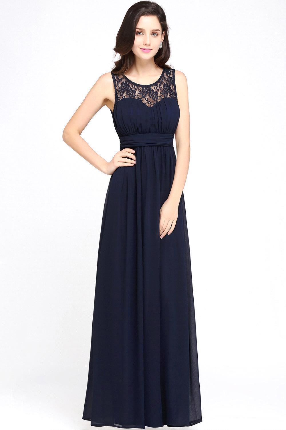 A-line Chiffon Lace Jewel Sleeveless Floor Length Bridesmaid Dress