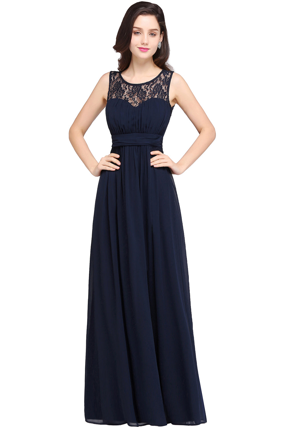 A-line Chiffon Lace Jewel Sleeveless Floor Length Bridesmaid Dress
