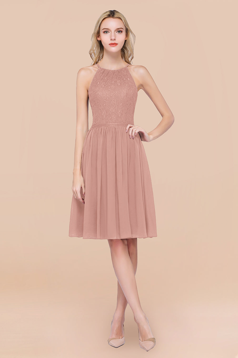 A-line Chiffon Lace Jewel Sleeveless Knee-Length Bridesmaid Dresses with Ruffles