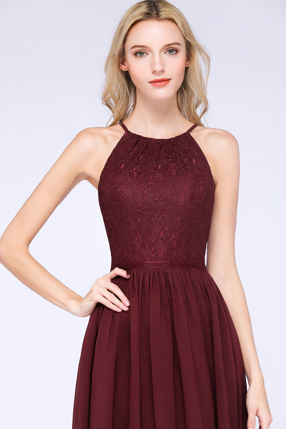 A-line Chiffon Lace Jewel Sleeveless Knee-Length Bridesmaid Dresses with Ruffles