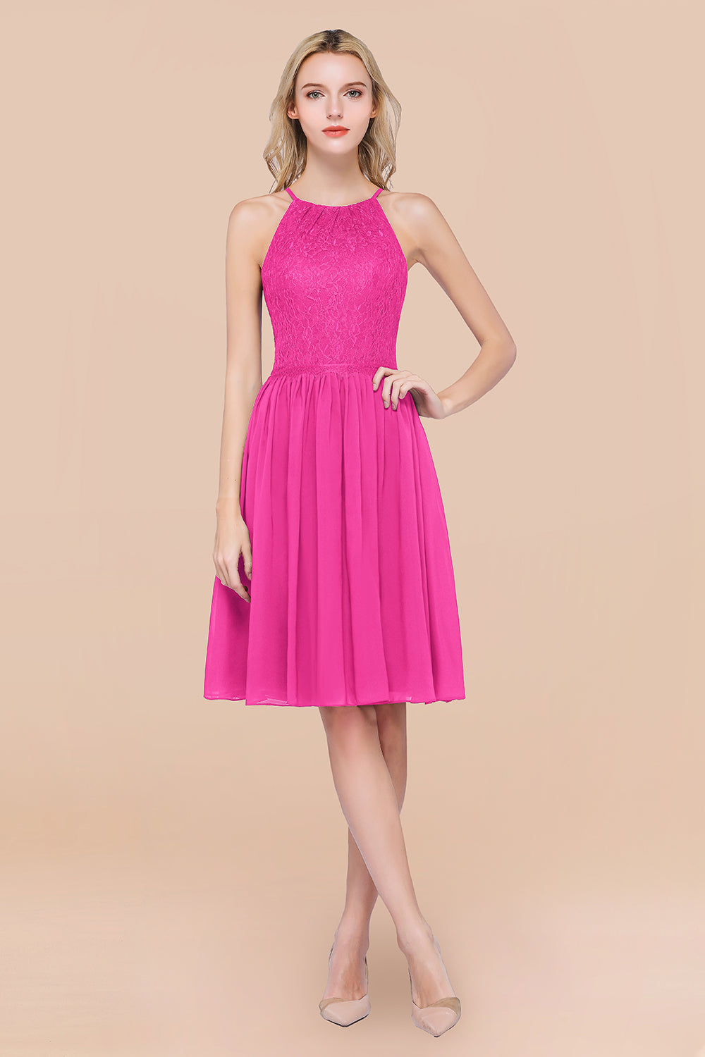 A-line Chiffon Lace Jewel Sleeveless Knee-Length Bridesmaid Dresses with Ruffles