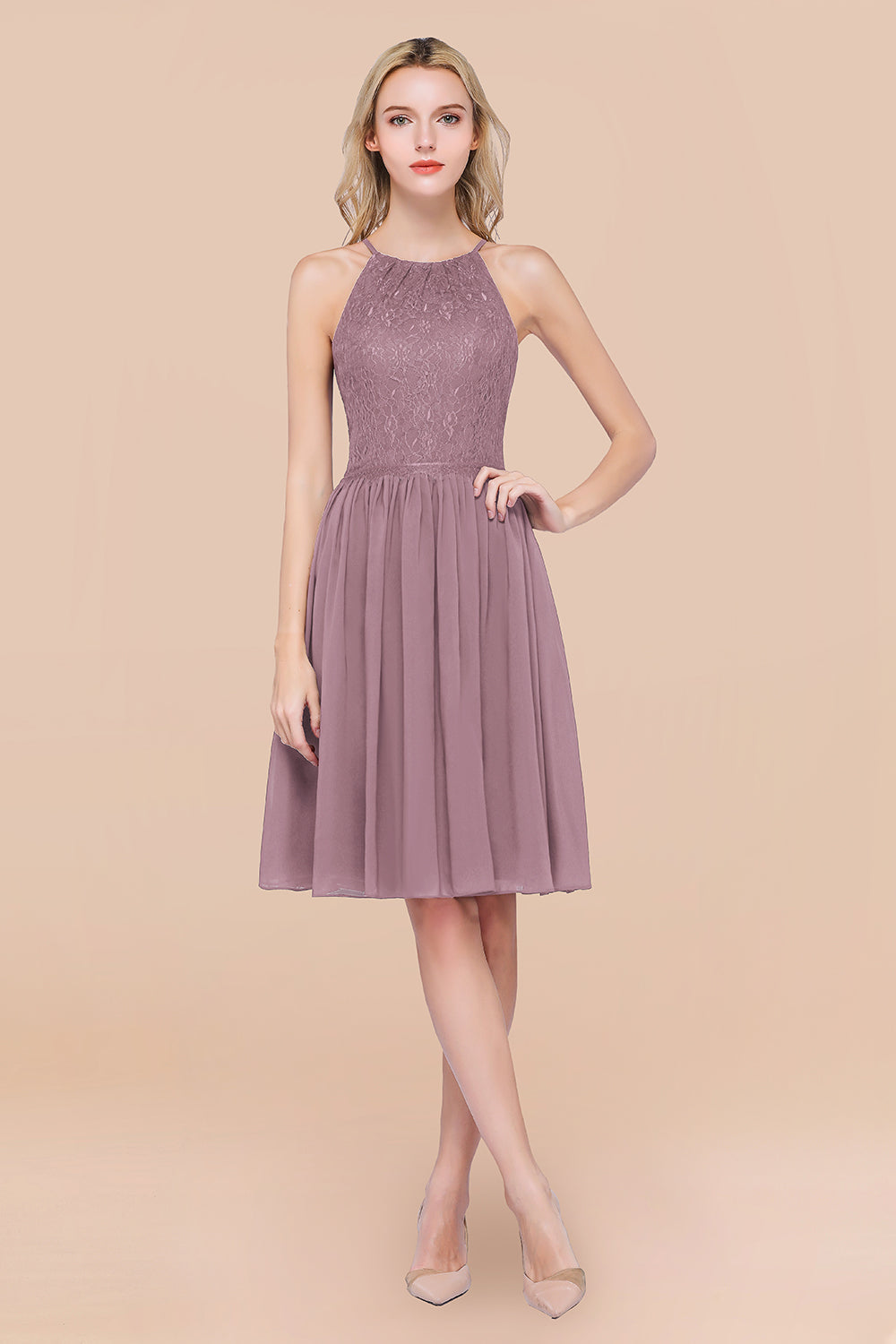A-line Chiffon Lace Jewel Sleeveless Knee-Length Bridesmaid Dresses with Ruffles