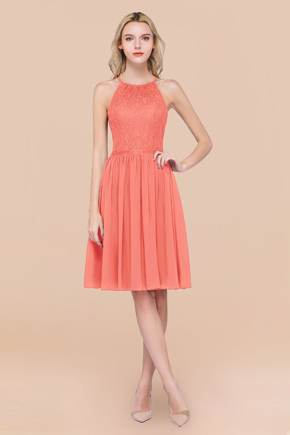 A-line Chiffon Lace Jewel Sleeveless Knee-Length Bridesmaid Dresses with Ruffles