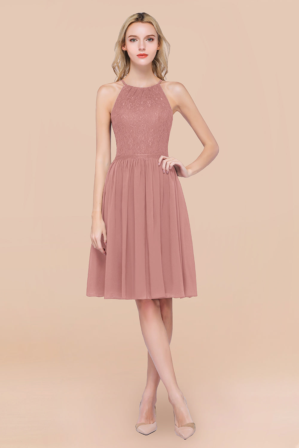 A-line Chiffon Lace Jewel Sleeveless Knee-Length Bridesmaid Dresses with Ruffles