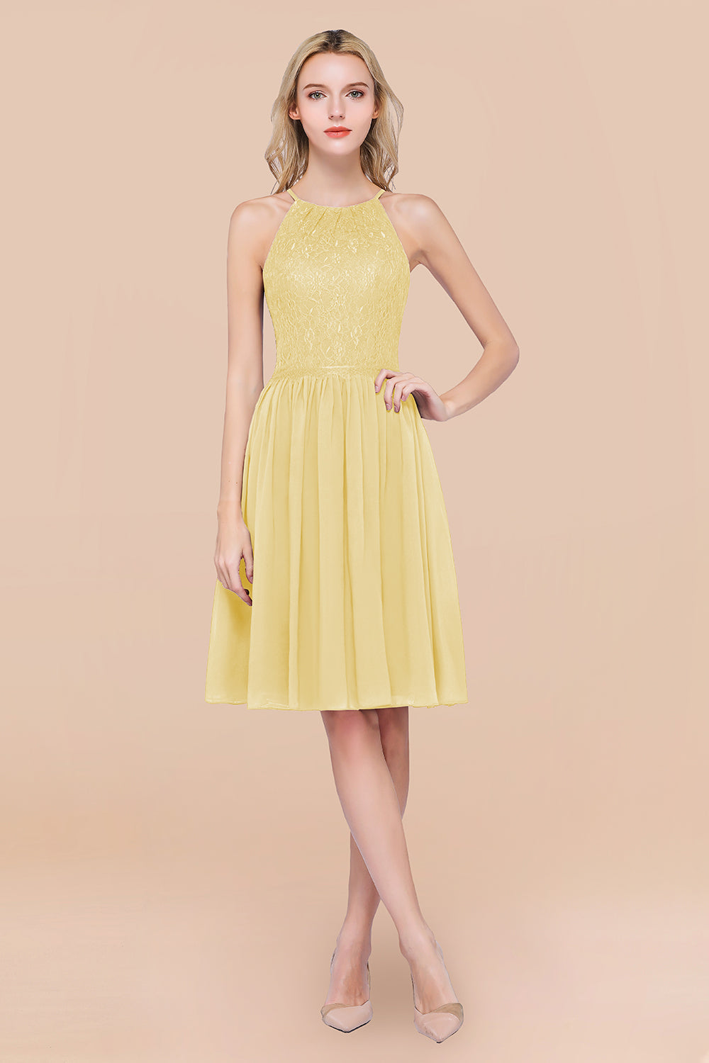 A-line Chiffon Lace Jewel Sleeveless Knee-Length Bridesmaid Dresses with Ruffles