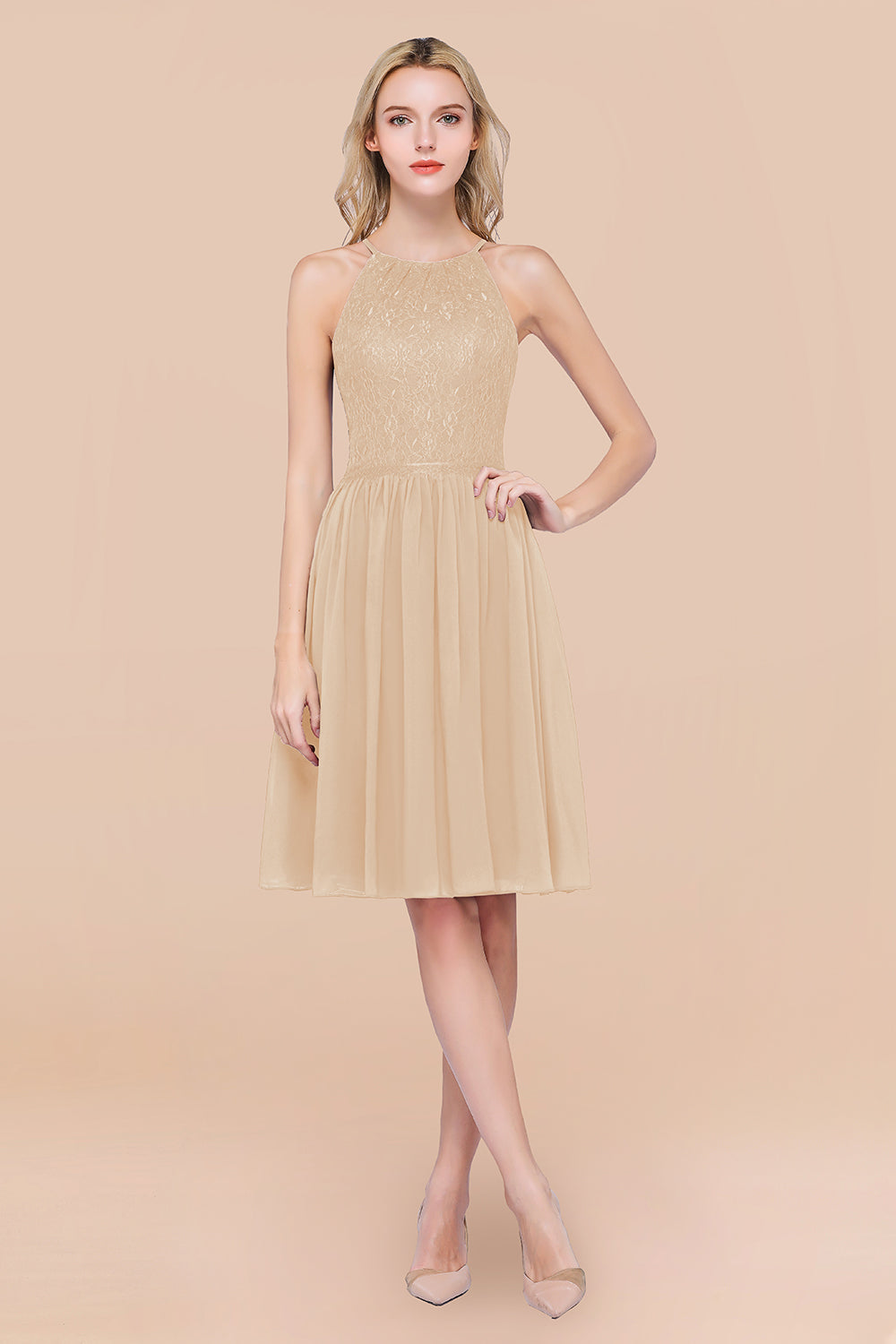 A-line Chiffon Lace Jewel Sleeveless Knee-Length Bridesmaid Dresses with Ruffles