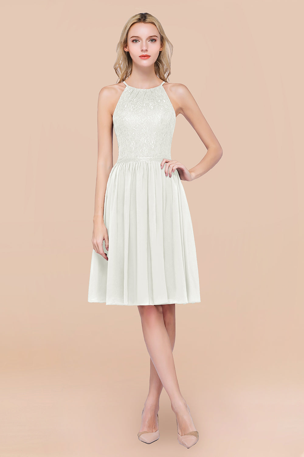 A-line Chiffon Lace Jewel Sleeveless Knee-Length Bridesmaid Dresses with Ruffles