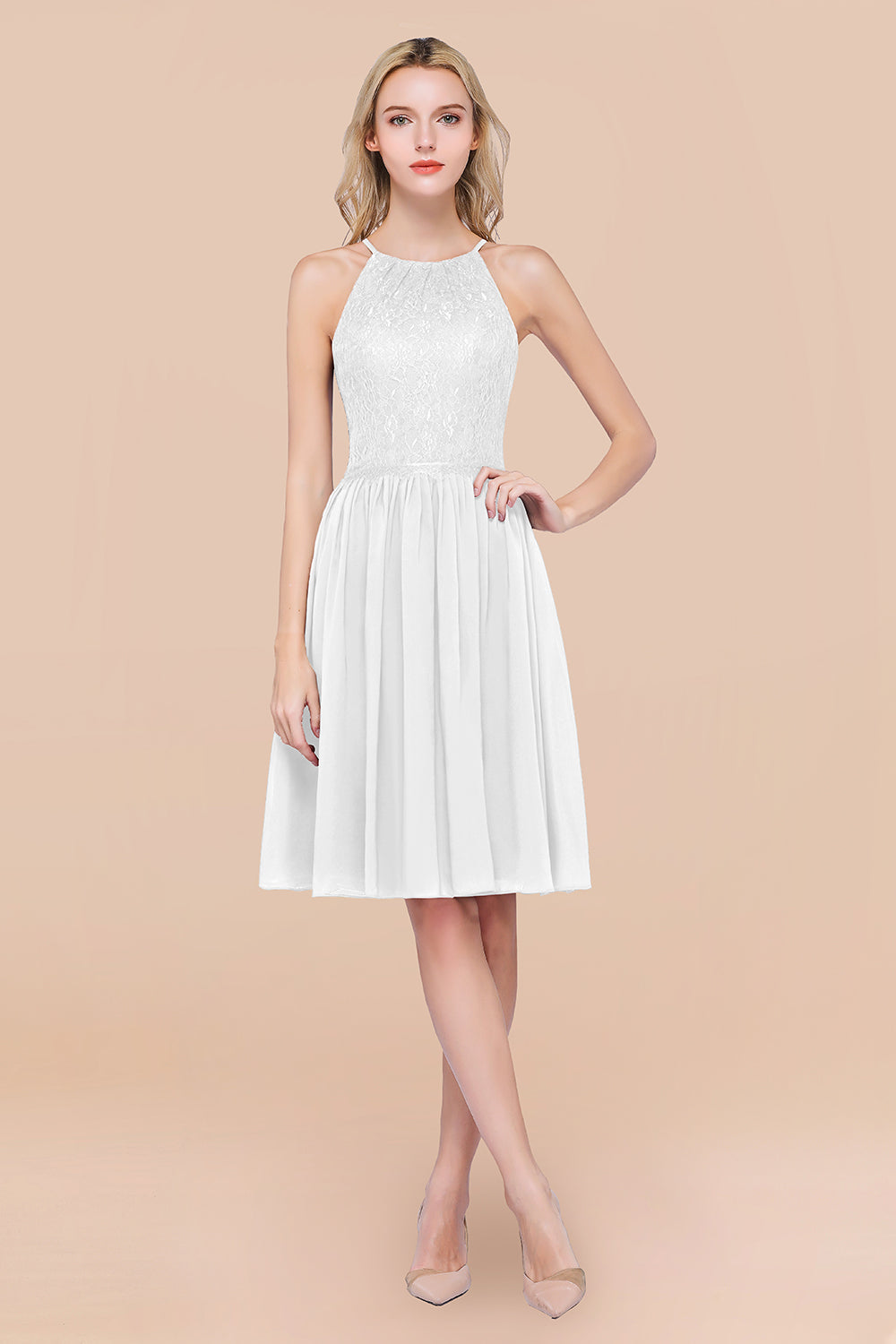 A-line Chiffon Lace Jewel Sleeveless Knee-Length Bridesmaid Dresses with Ruffles