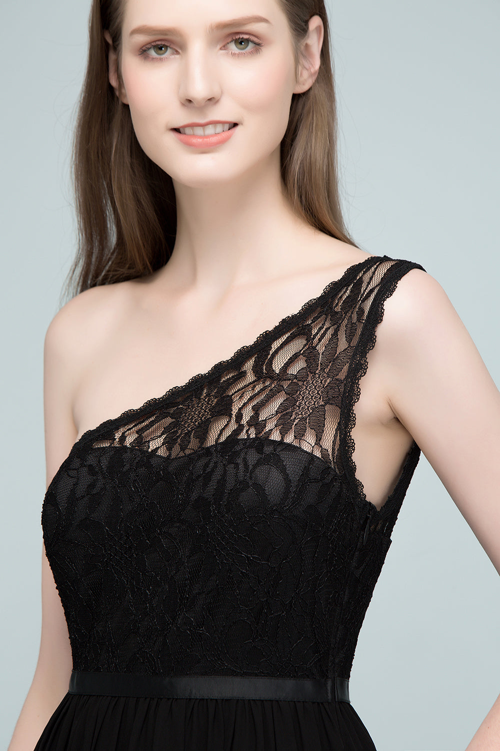 A-line One Shoulder Floor Length Lace Chiffon Bridesmaid Dresses with Sash