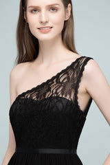 A-line One Shoulder Floor Length Lace Chiffon Bridesmaid Dresses with Sash