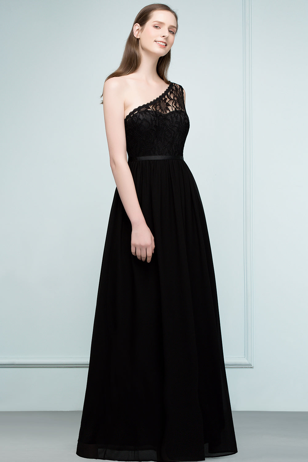 A-line Chiffon Lace One Shoulder Floor Length Bridesmaid Dress Floor Length with Sash
