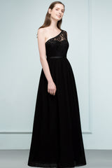 A-line Chiffon Lace One Shoulder Floor Length Bridesmaid Dress Floor Length with Sash