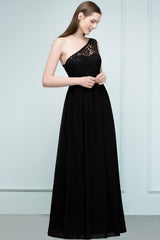 A-line One Shoulder Floor Length Lace Chiffon Bridesmaid Dresses with Sash