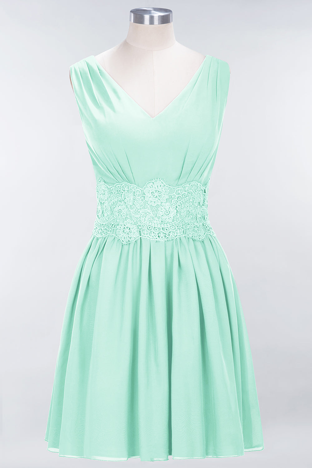 A-line Chiffon Lace V-Neck Sleeveless Mini Bridesmaid Dresses