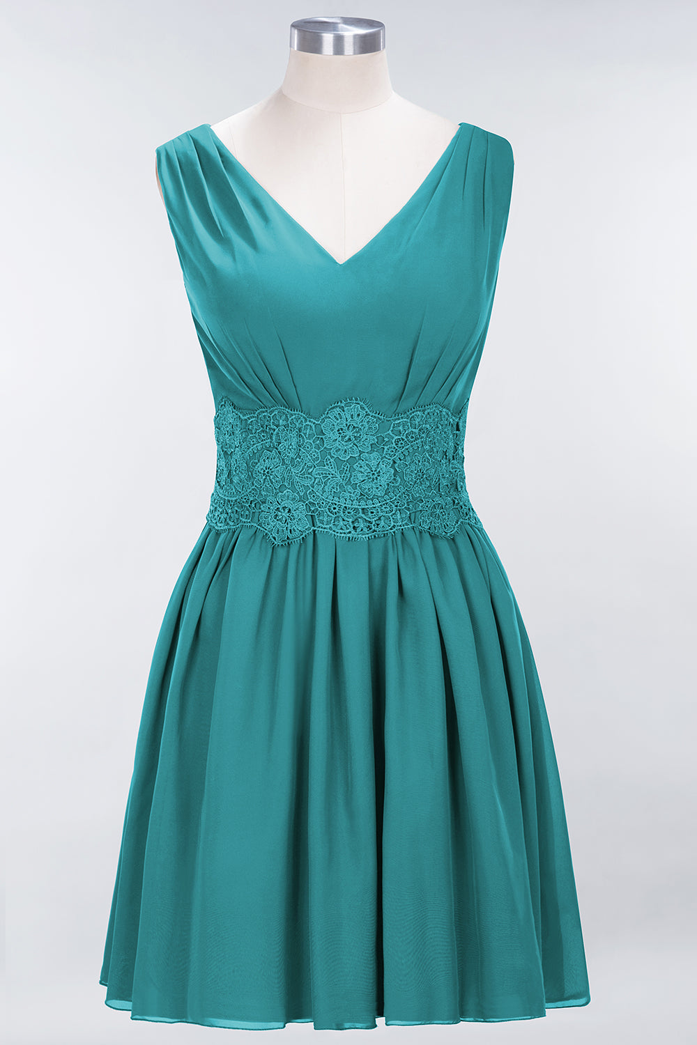A-line Chiffon Lace V-Neck Sleeveless Mini Bridesmaid Dresses