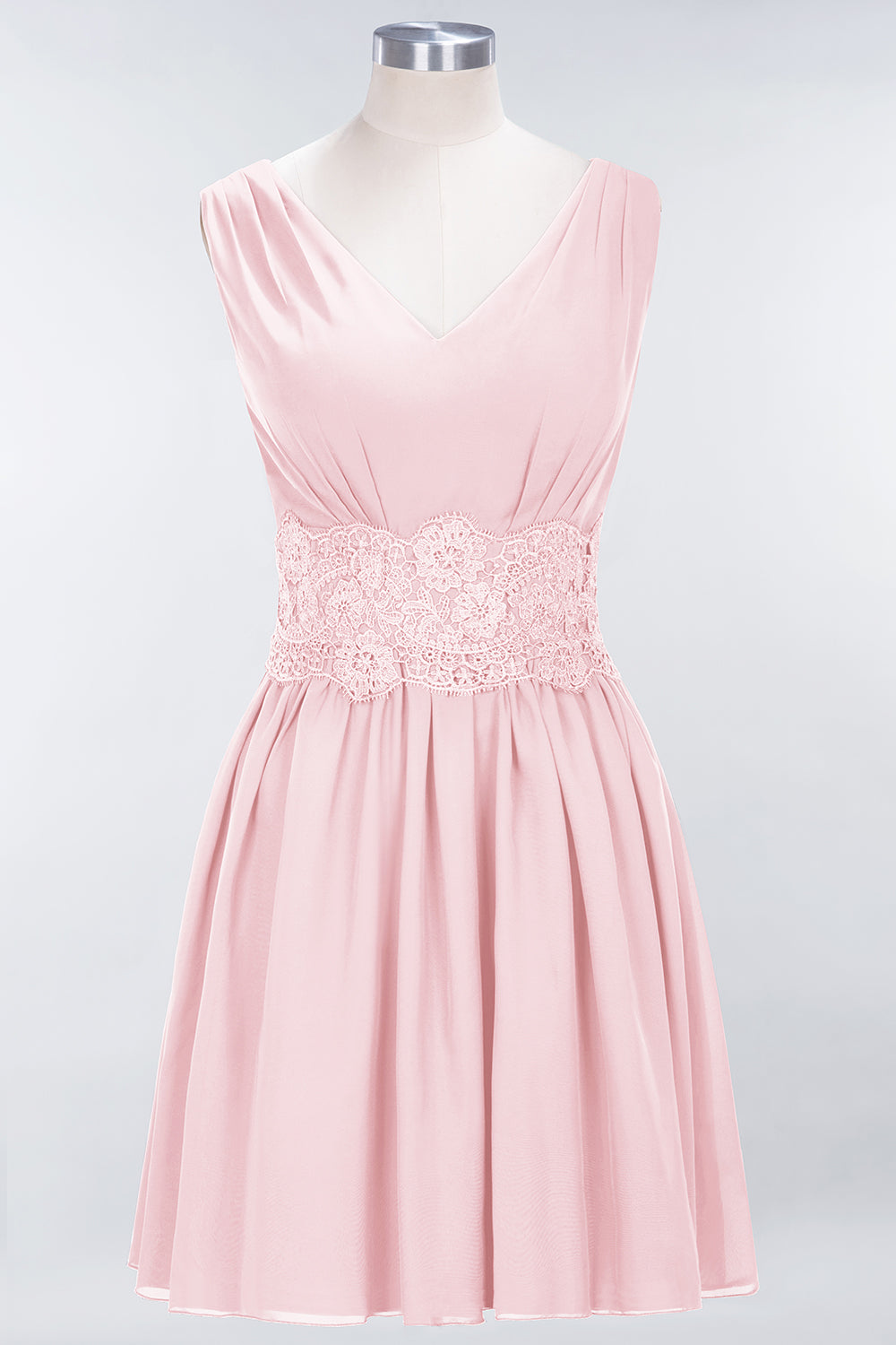 A-line Chiffon Lace V-Neck Sleeveless Mini Bridesmaid Dresses