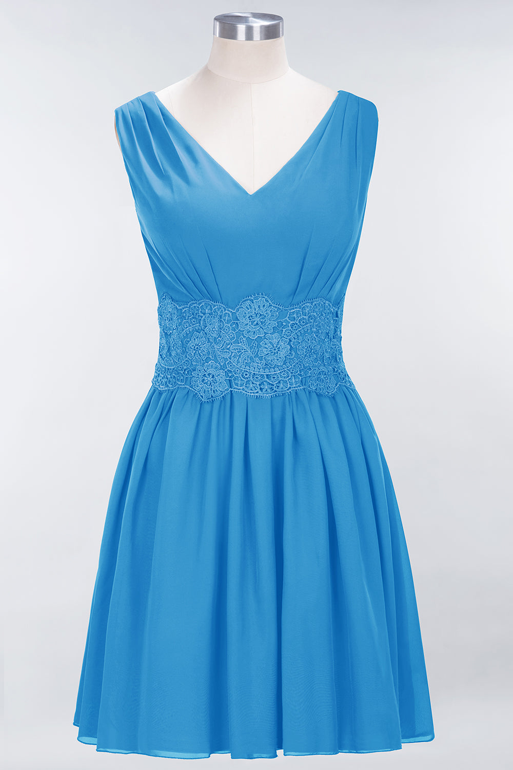 A-line Chiffon Lace V-Neck Sleeveless Mini Bridesmaid Dresses