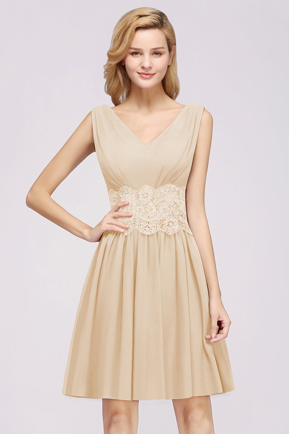 A-line Chiffon Lace V-Neck Sleeveless Mini Bridesmaid Dresses