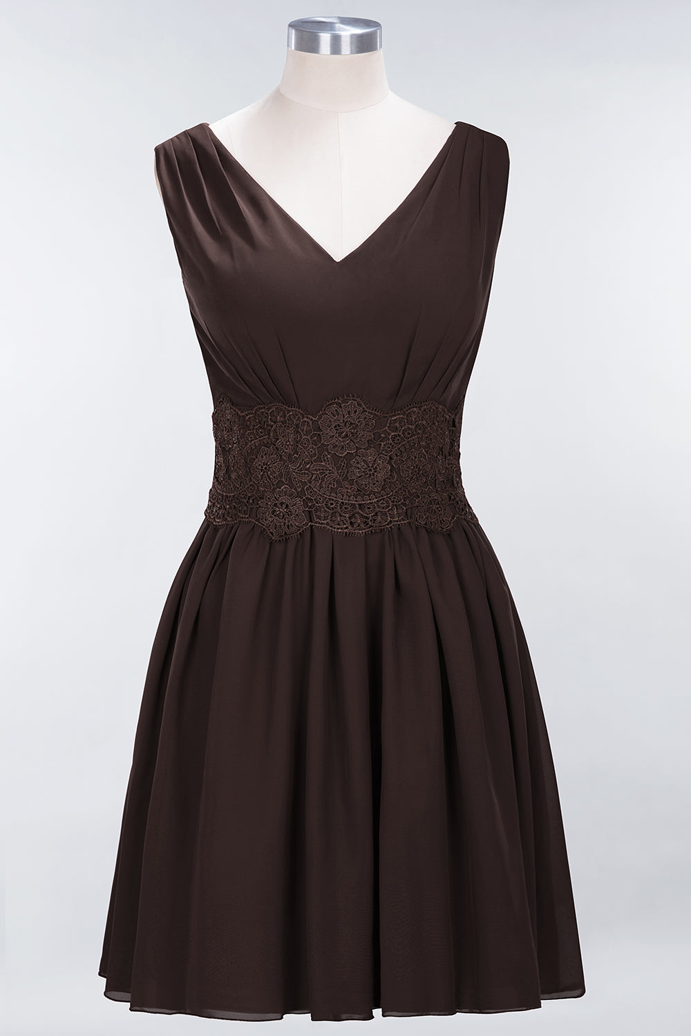 A-line Chiffon Lace V-Neck Sleeveless Mini Bridesmaid Dresses