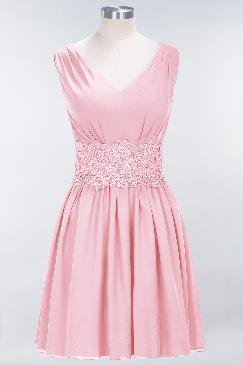 A-line Chiffon Lace V-Neck Sleeveless Mini Bridesmaid Dresses