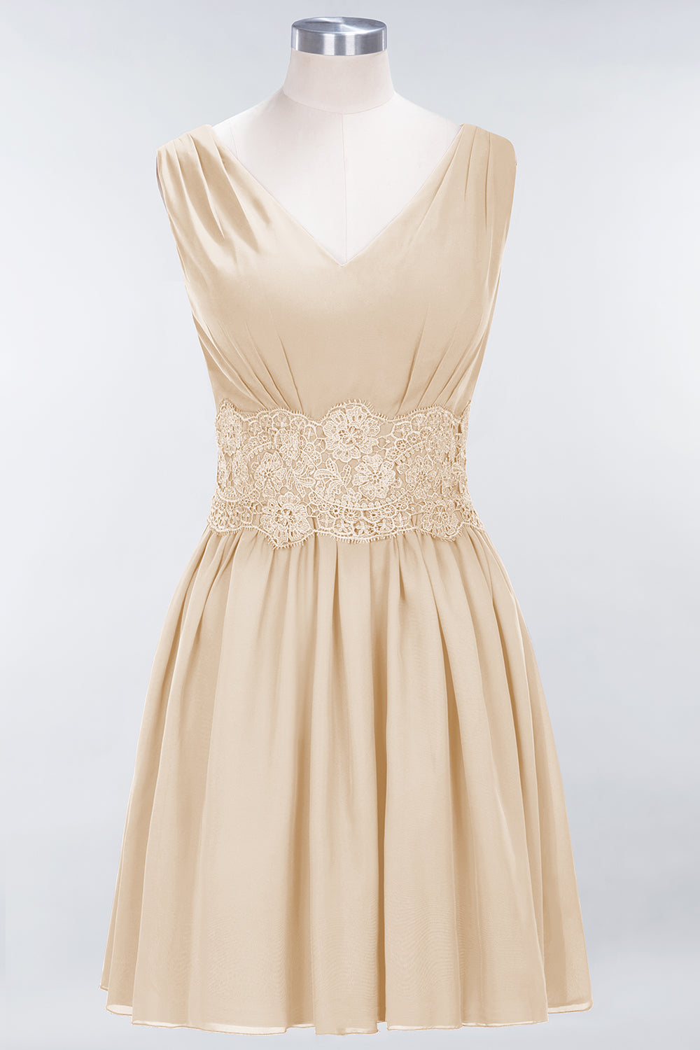 A-line Chiffon Lace V-Neck Sleeveless Mini Bridesmaid Dresses