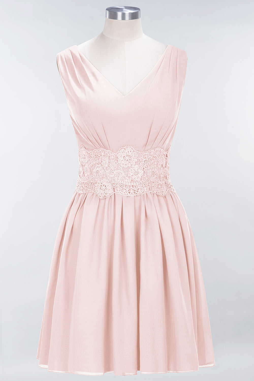 A-line Chiffon Lace V-Neck Sleeveless Mini Bridesmaid Dresses