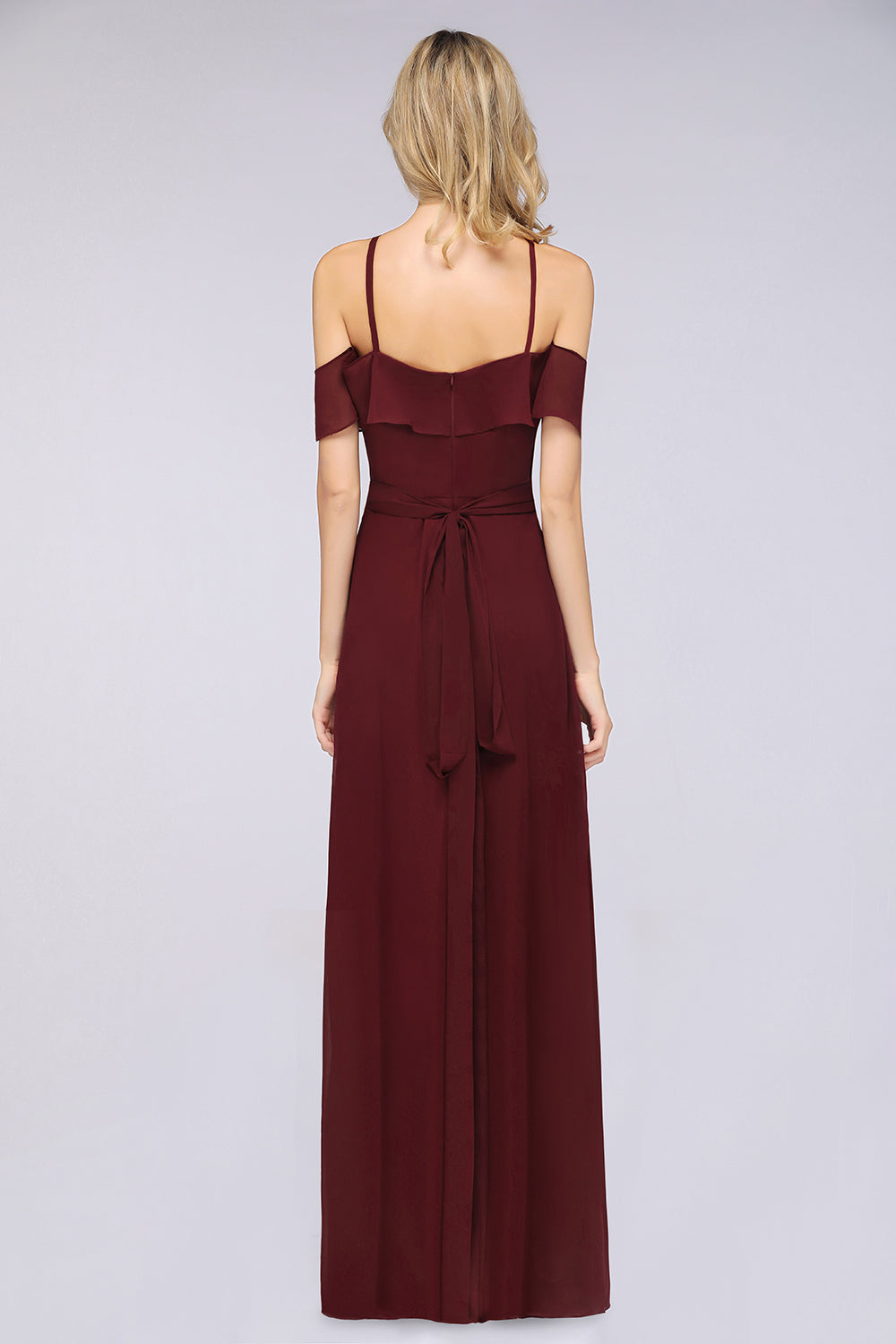 A-line Chiffon Spaghetti Straps Sleeveless Ruffles Floor Length Bridesmaid Dress with Bow Sash