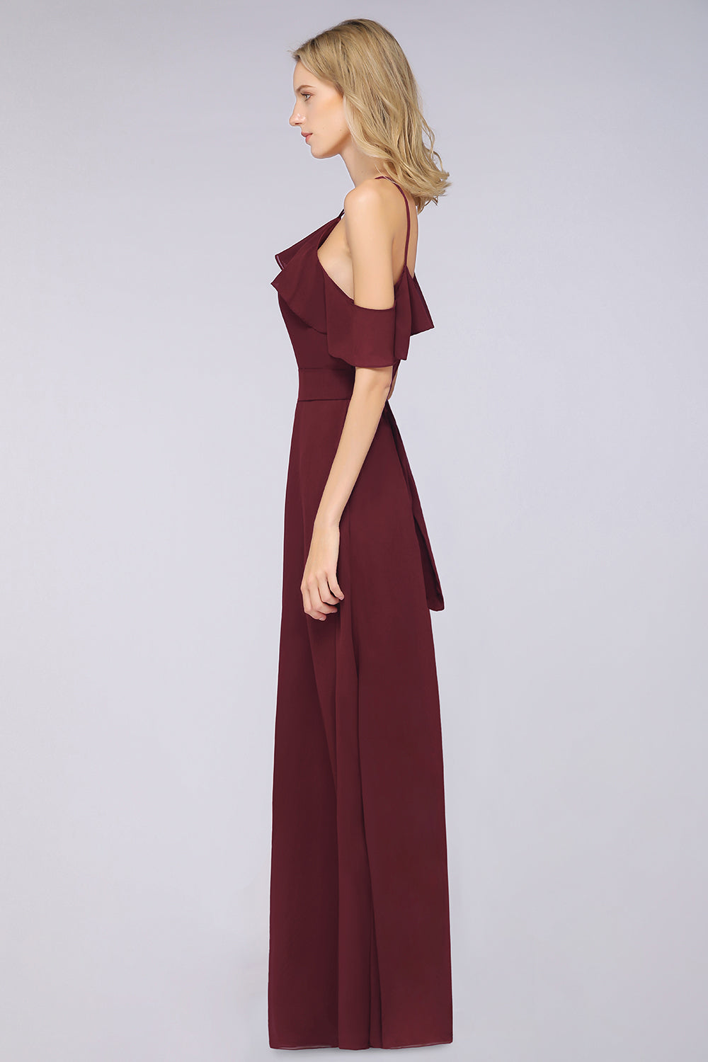A-line Chiffon Spaghetti Straps Sleeveless Ruffles Floor Length Bridesmaid Dress with Bow Sash