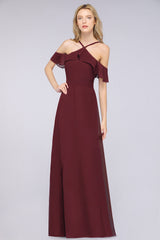 A-line Chiffon Spaghetti Straps Sleeveless Ruffles Floor Length Bridesmaid Dress with Bow Sash
