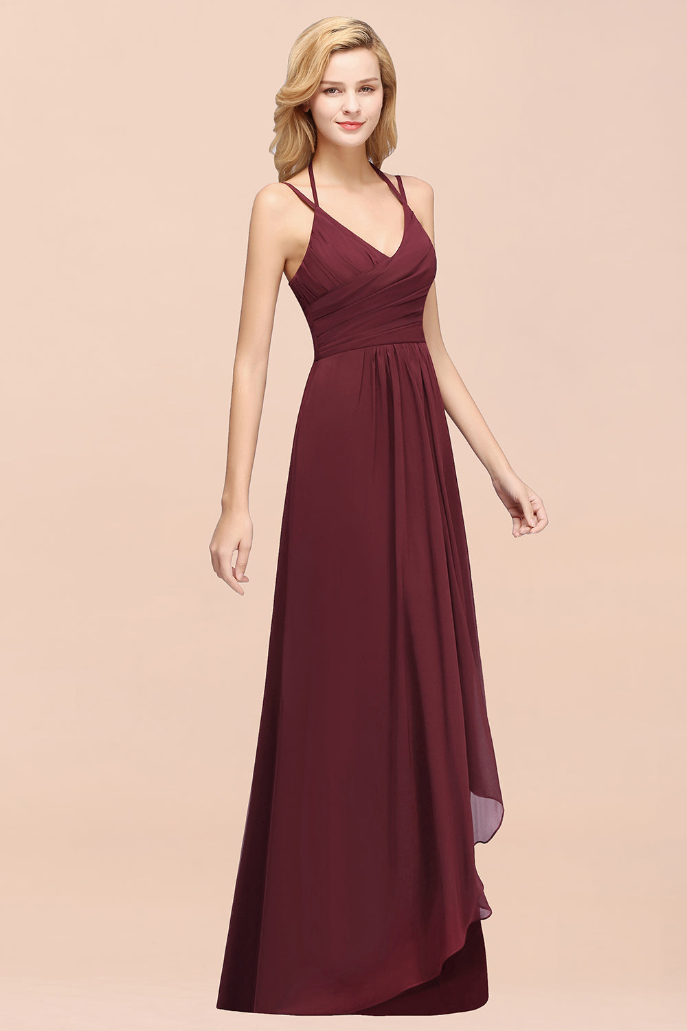 A-line Chiffon Spaghetti Straps Sleeveless Ruffles Floor Length Bridesmaid Dresses